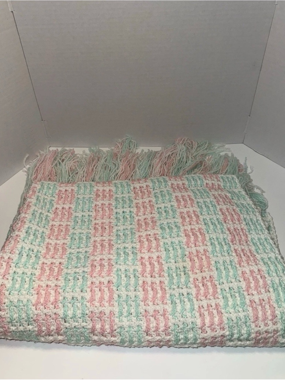 Baby Blanket 57x34 Pink Mint Green White Fringe Afghan Handmade